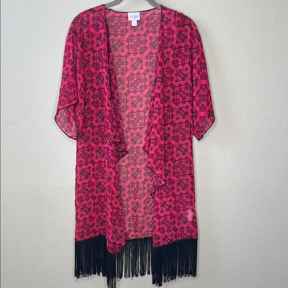 Pink patterned Kimono with black Fringe Monroe Duster Size S‎